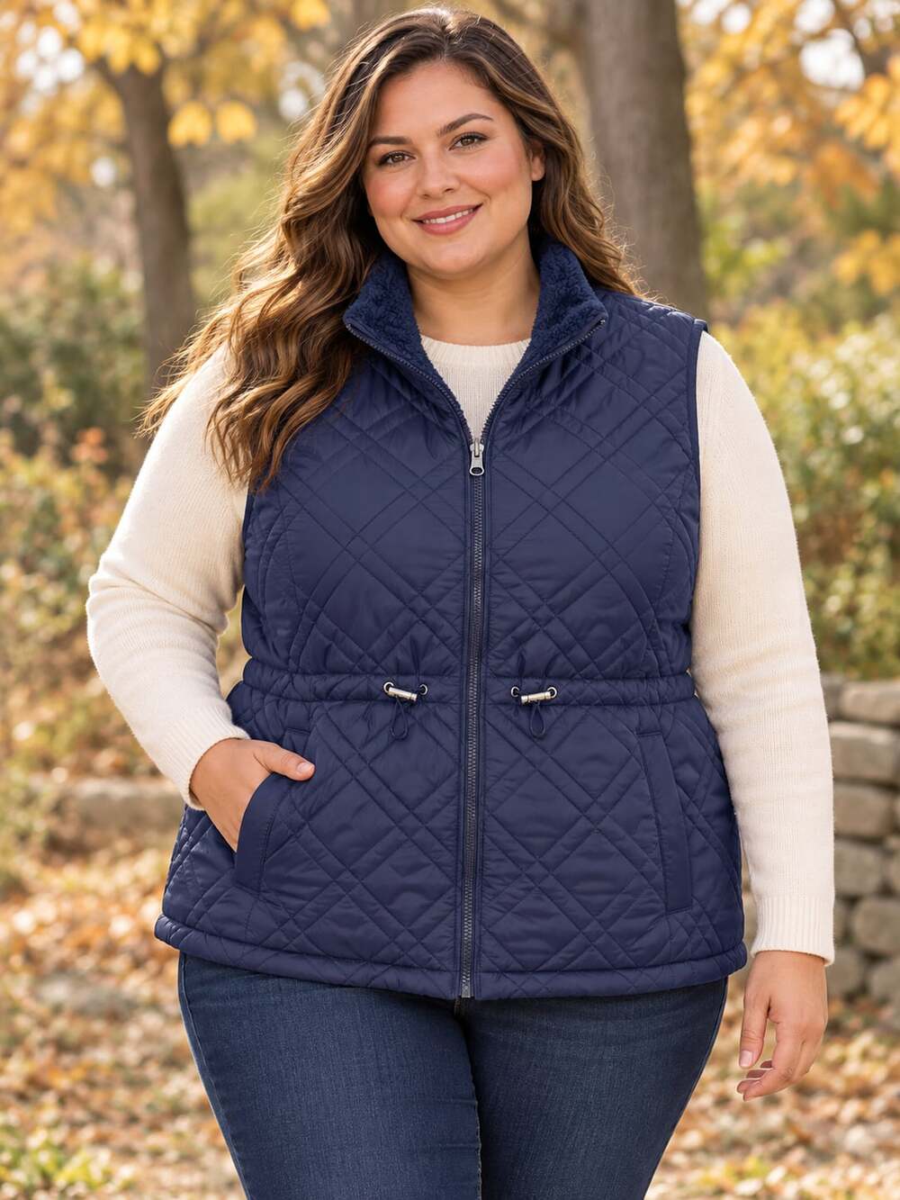 Time Tru Quilted Vest Size 1X Navy Blue Faux Fur Lined
